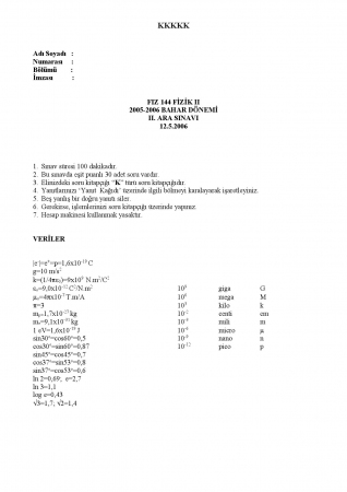 Fizik - 2 Arasınav - 2 Soruları