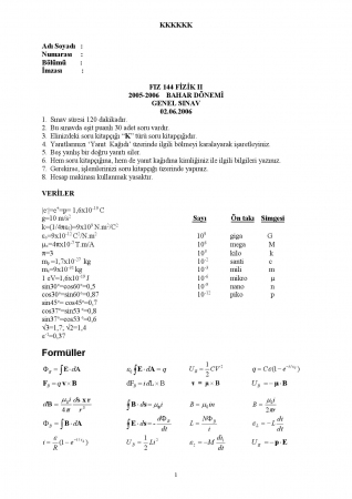 Fizik -2 Genel Sınav Soruları