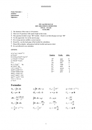 Physics - 2 Final Exam Questions