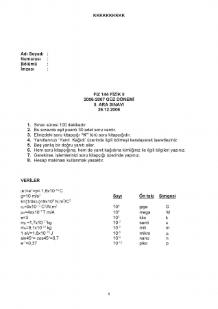 Fizik -2 Arasınav -2 Soruları