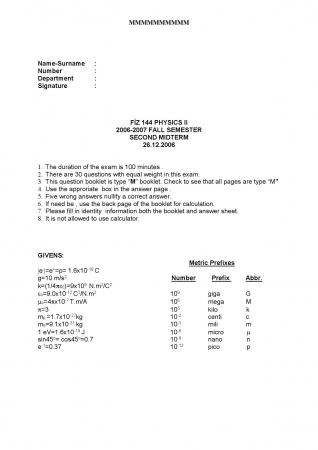 Physics - 2 Second Midterm