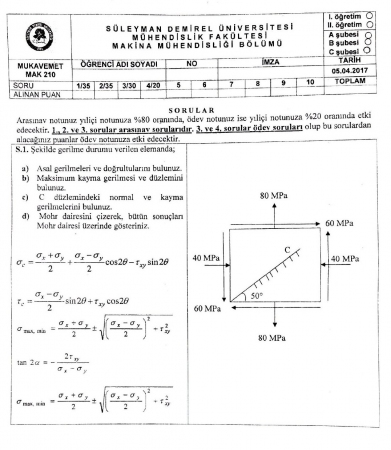 Mukavemet Dersi Vize Soruları ve Cevapları