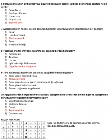 Borçlar Hukuku Dersi Bütünleme Soruları ve Cevapları