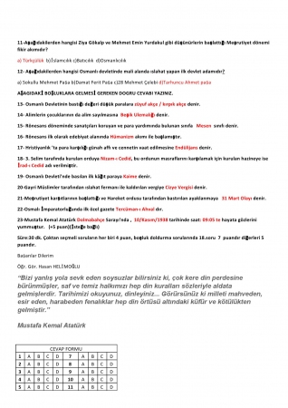 İnkılap Tarihi ve Atatürk İlkeleri -1 Vize Soruları ve Cevapları