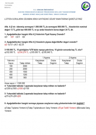 Menkul Kıymet Araçları Dersi Final Soruları ve Cevapları