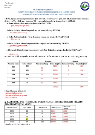 Sermaye Piyasası İşlemleri Bütünleme Soruları ve Cevapları