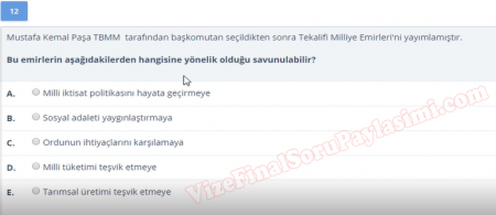 Atatürk İlkeleri ve İnkılap Tarihi Vize Soruları -  Yaz Okulu