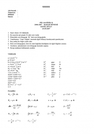 Fizik -2 Genel Sınav Soruları ve Cevapları