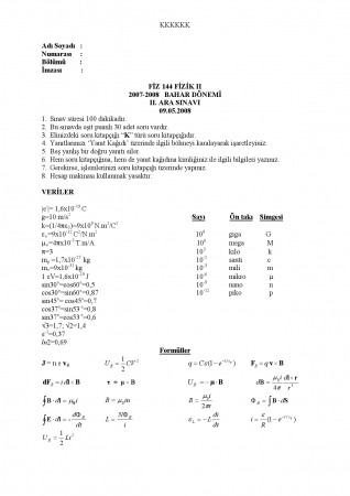 Fizik -2 Arasınav Soruları ve Cevapları
