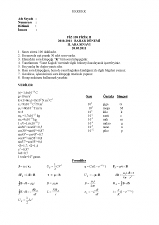 Fizik -2 Ara Sınav Soruları