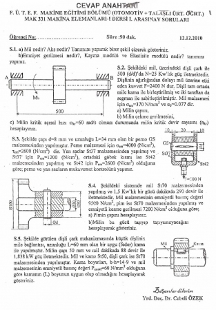 Makina Elemanları -1 Arasınav -1 Soruları