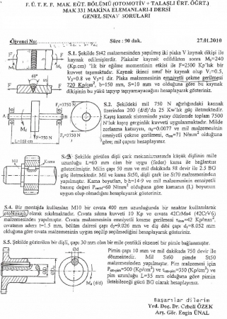 Makina Elemanları -1 Genel Sınav Soruları