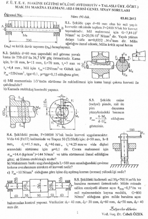 Makina Elemanları -1 Genel Sınav Soruları ve Cevapları