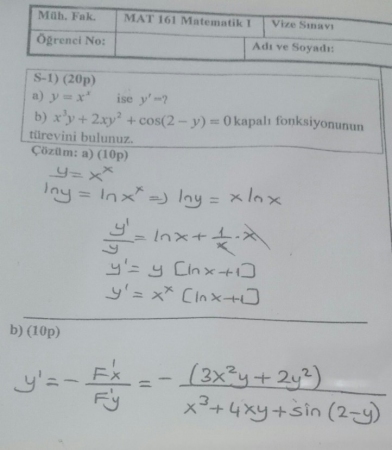 Matematik -1 Vize Soruları ve Çözümleri - 06.11.2017