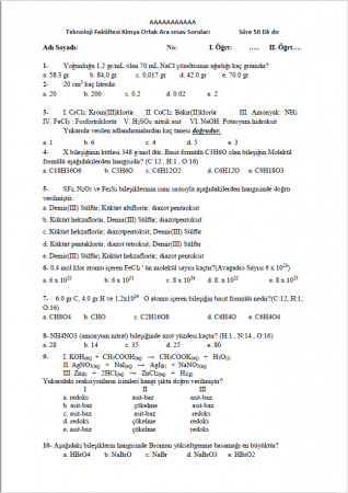 Fırat Teknoloji Fak. Kimya Ortak Sınav Vize Soruları