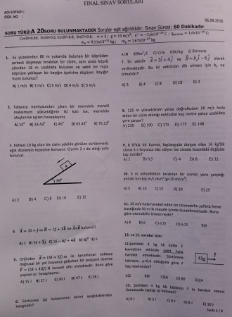 Fizik -1 Final Soruları - Mühendislik Fakültesi