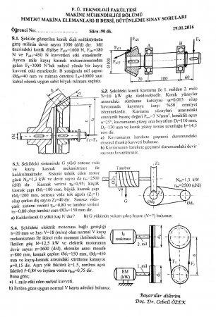Makina Elemanları -2 Bütünleme Soruları 2016