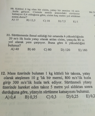 Fizik -1 Bütünleme Soruları -2018