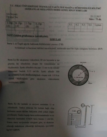 Akışkanlar Mekaniği -1 Final Soruları ve Cevapları -2017