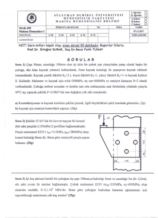 Makine Elemanları -1 Vize Soruları ve Cevapları -2017