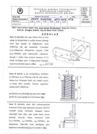 Makine Elemanları -1 Final Soruları ve Cevapları -2018