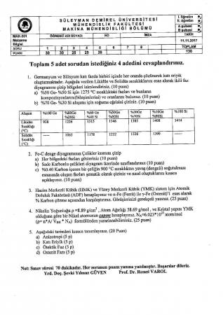 Malzeme Bilgisi Dersi Vize Soruları ve Cevapları -2017