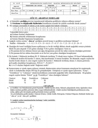 Mühendislikte İstatistik Dersi Vize Soruları ve Cevapları -2017