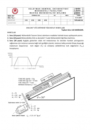 Mühendislik Tasarımı -1 Vize Soruları ve Cevapları -2017