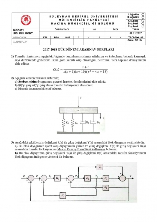 Sistem Dinamiği ve Kontrol Dersi Vize Soruları ve Cevapları