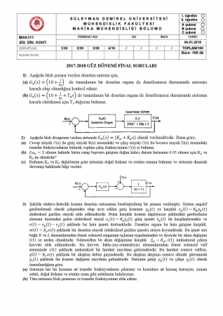 Sistem Dinamiği ve Kontrol Dersi Final Soruları ve Cevapları -2018