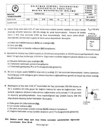 Termodinamik Dersi Final Soruları ve Cevapları -2017