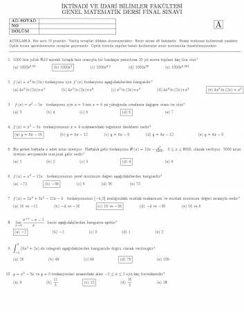 Genel Matematik Dersi Final Soruları ve Cevapları 