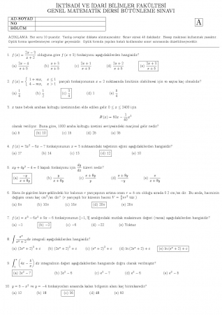 Genel Matematik Dersi Bütünleme Soruları ve Cevapları