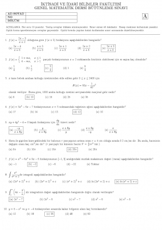 Genel Matematik Dersi Bütünleme Soruları ve Cevapları 