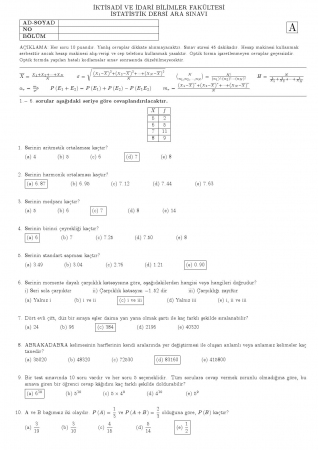 İstatistik Dersi Vize Soruları ve Cevapları