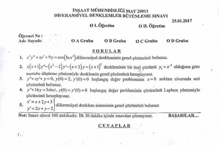 Diferansiyel Denklemler Dersi Bütünleme Soruları -2017