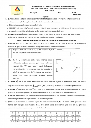 Şifreleme Bilimine Giriş Dersi Vize Soruları