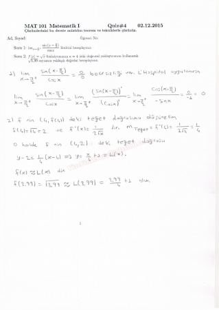 Matematik -1 Dersi Quiz Soruları ve Çözümleri