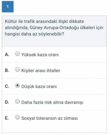 Trafik Güvenliği 1. Kısa Sınav Soruları