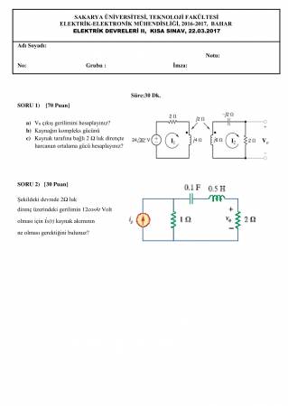 Elektrik devreleri 2 Kısa Sınav Soruları