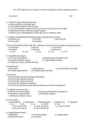Farmakoloji ve Klinik Farmakoloji Dersi Sınav Soruları