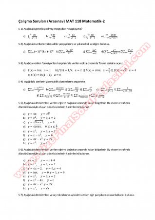 Matematik -2 Ara Sınav Çalışma Soruları