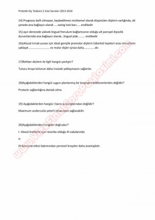 Protetik Diş Tedavisi 2.Vize Soruları 2014
