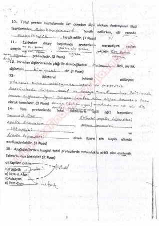 Protetik Diş Tedavisi Final Soruları 2009