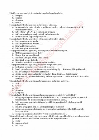 Protetik Diş Tedavisi Çalışma Soruları