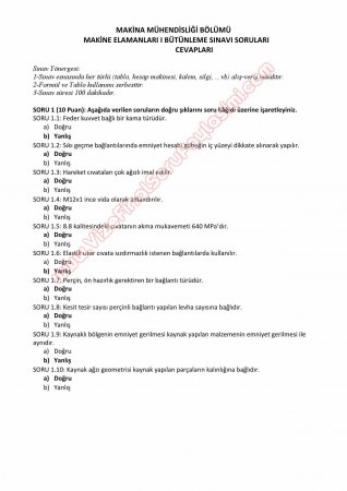 Makine Elemanları -1 Bütünleme Soruları ve Çözümleri