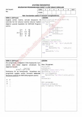 Bilgisayar Programlama (Matlab) 2.Vize Soruları ve Cevapları