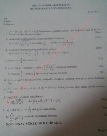 Genel Matematik Dersi Bütünleme Soruları - 2014